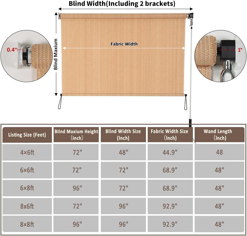 SMONTER Outdoor Sunshade Roller Shade 6'W x 6'H (72" Wx72 H), Exterior Cordless Roll Up Shades Blinds, UV Protection Shade Cloth with Crank Operation for Outside Windows Patio Porch Gazebo, Walnut