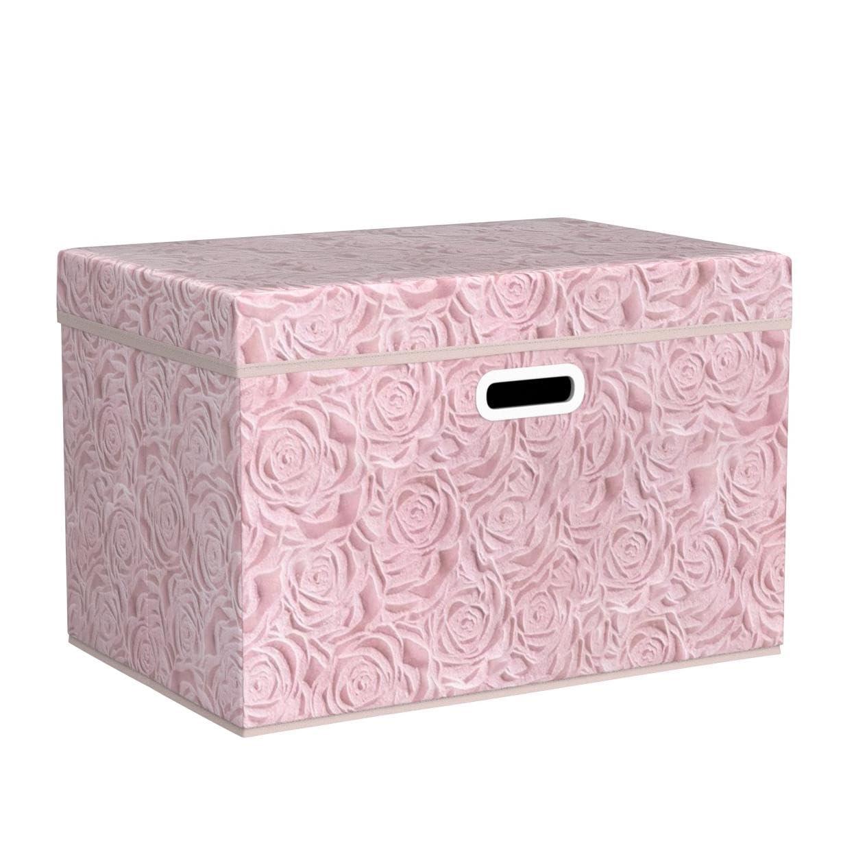 Prandom Larger Foldable Storage Boxes with Lid,Rose Pattern Fabric Decorative Storage Box,Cubes Organizers,Baskets with Handles,For Bedroom,Closet, Living Room,Pink,45x30x30cm[3-Pack]