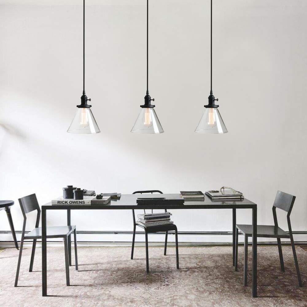 PERMO Vintage Rustic Industrial 3-Lights Kitchen Island Chandelier Triple 3 Heads Pendant Hanging Ceiling Lighting Fixture with Funnel Flared Clear Glass Shade (Black)