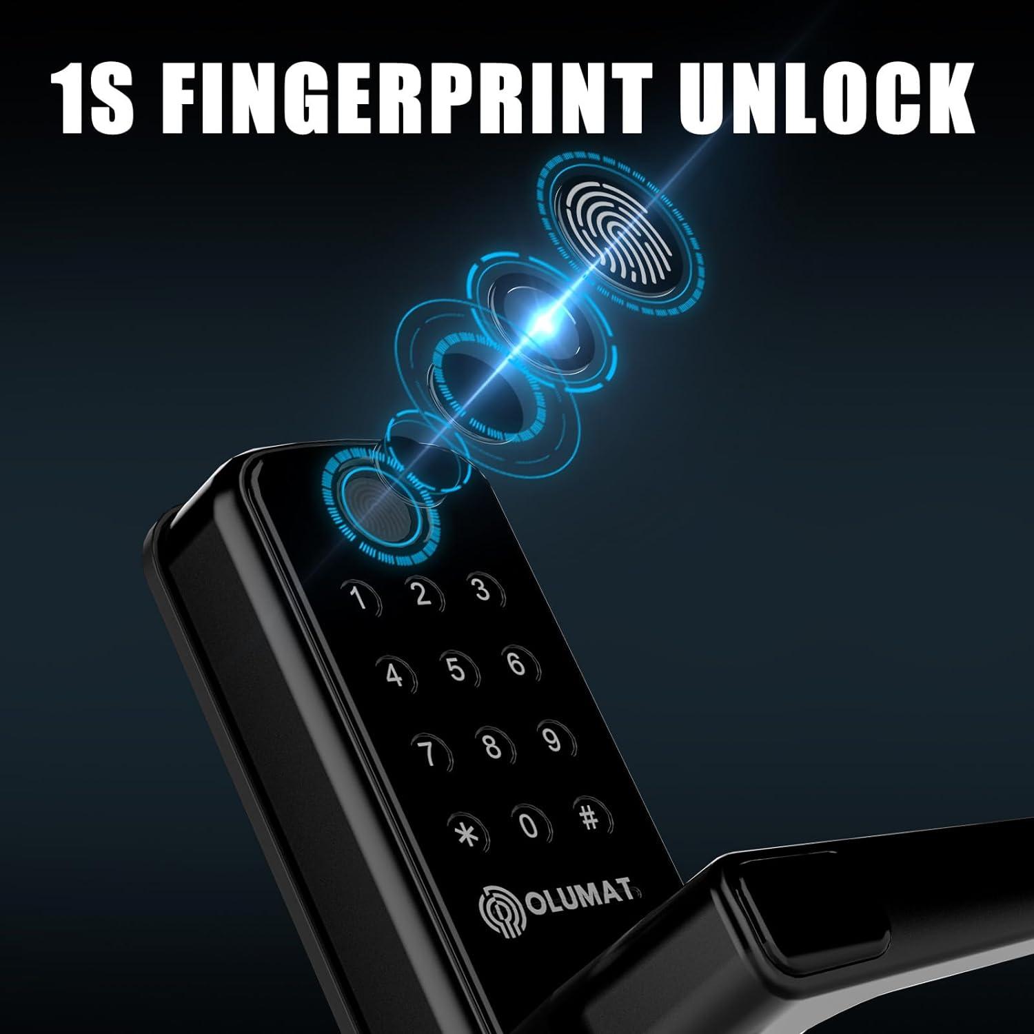 Smart Door Lock, OLUMAT Keyless Entry Door Lock Fingerprint Door Lock with Keypad Digital Door Lock with Handle for Home, Rental, Office and Hotel-Black