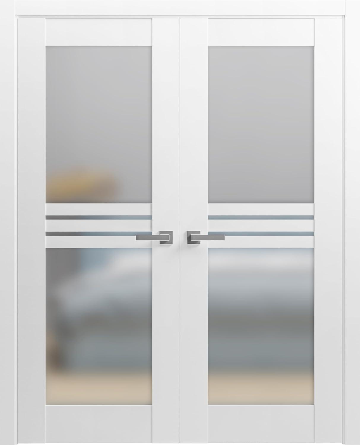 Solid French Double Doors 60 x 80 inches Opaque Glass 4 Lites / Mela 7222 White Silk / Wood Solid Panel Frame / Closet Bedroom Modern Doors