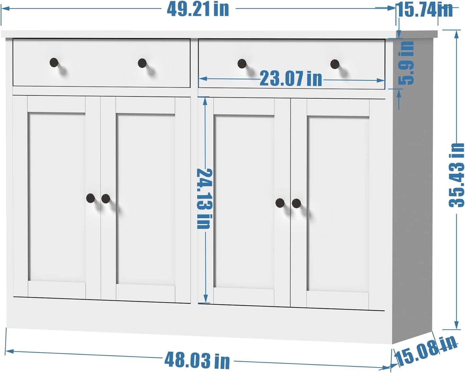 White Modern Buffet Storage Cabinet with 4 Doors and Drawers