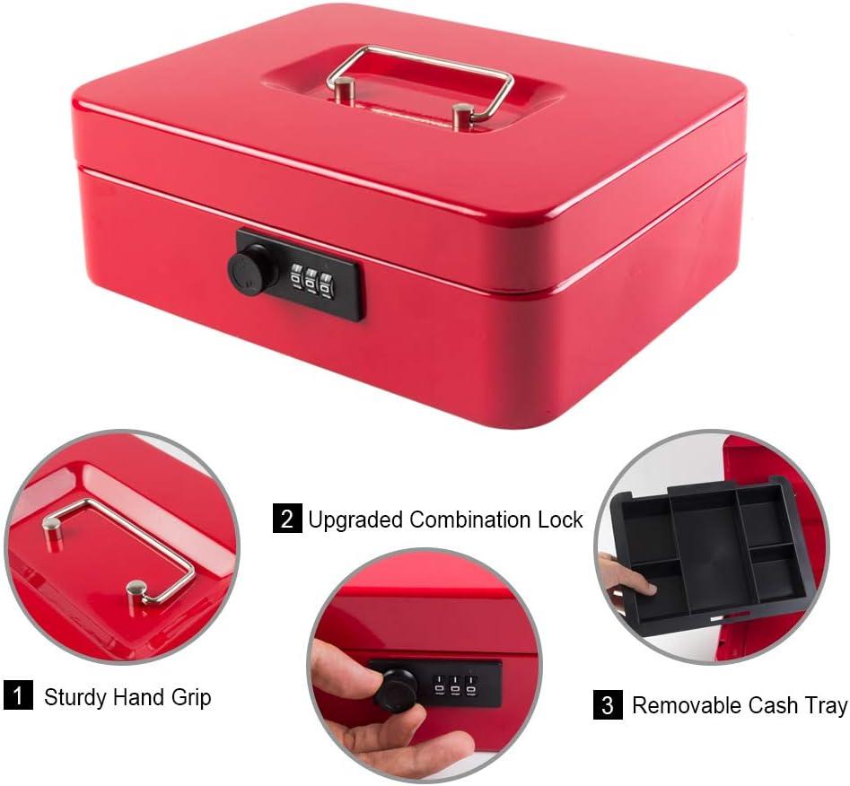 KYODOLED Large Cash Box with Combination Lock Safe Metal Money Box with Money Tray for Security Lock Box 9.84"x 7.87"x 3.54" Red Large