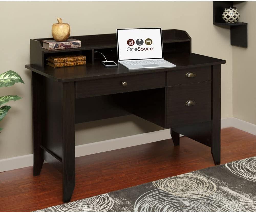 Espresso Executive Desk with Hutch and Built-in USB Charging