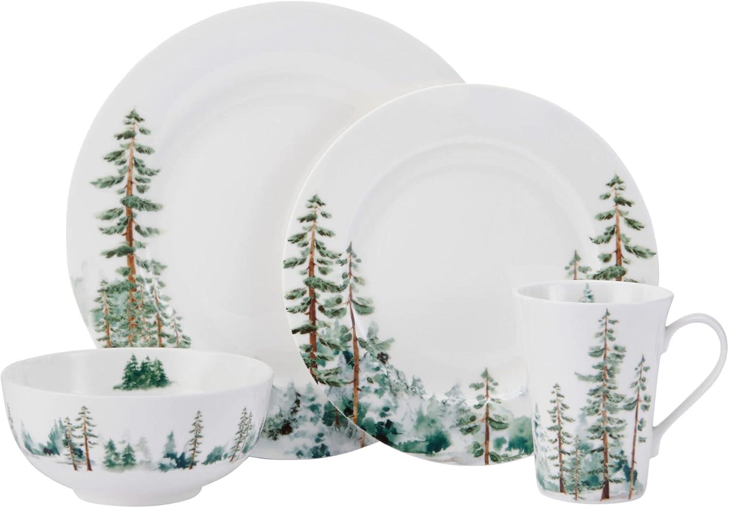 Watercolor Forest White Porcelain 16-Piece Dinnerware Set, Service for 4