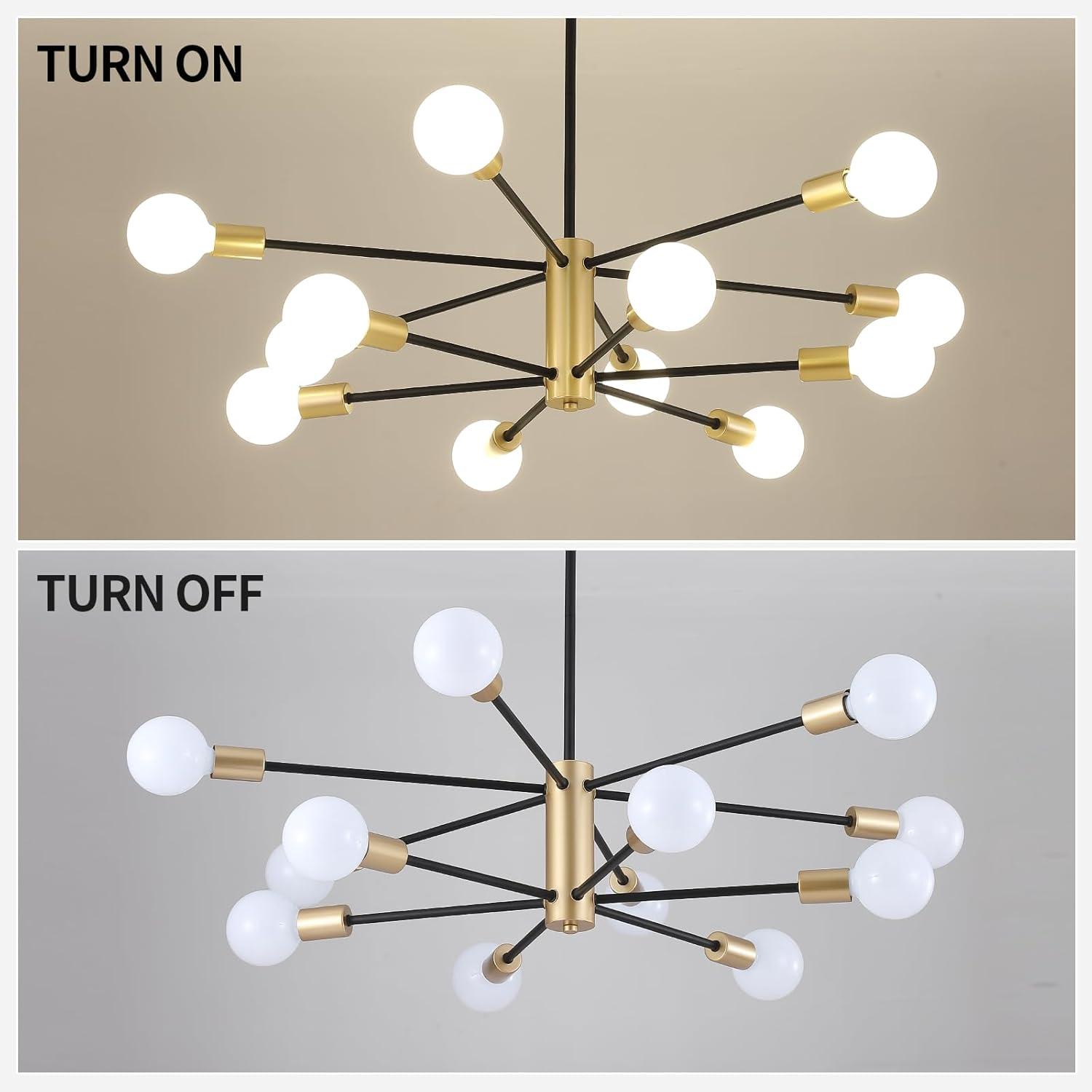 Kaisite  12-Light Modern Sputnik Chandeliers Black & Gold Ceiling Light Fixtures for Dining Room Living Room Bedroom