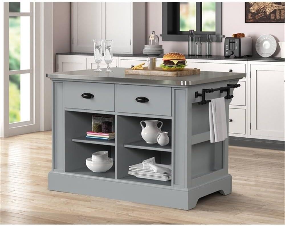 Gray Pine and Stainless Steel Kitchen Island with Storage