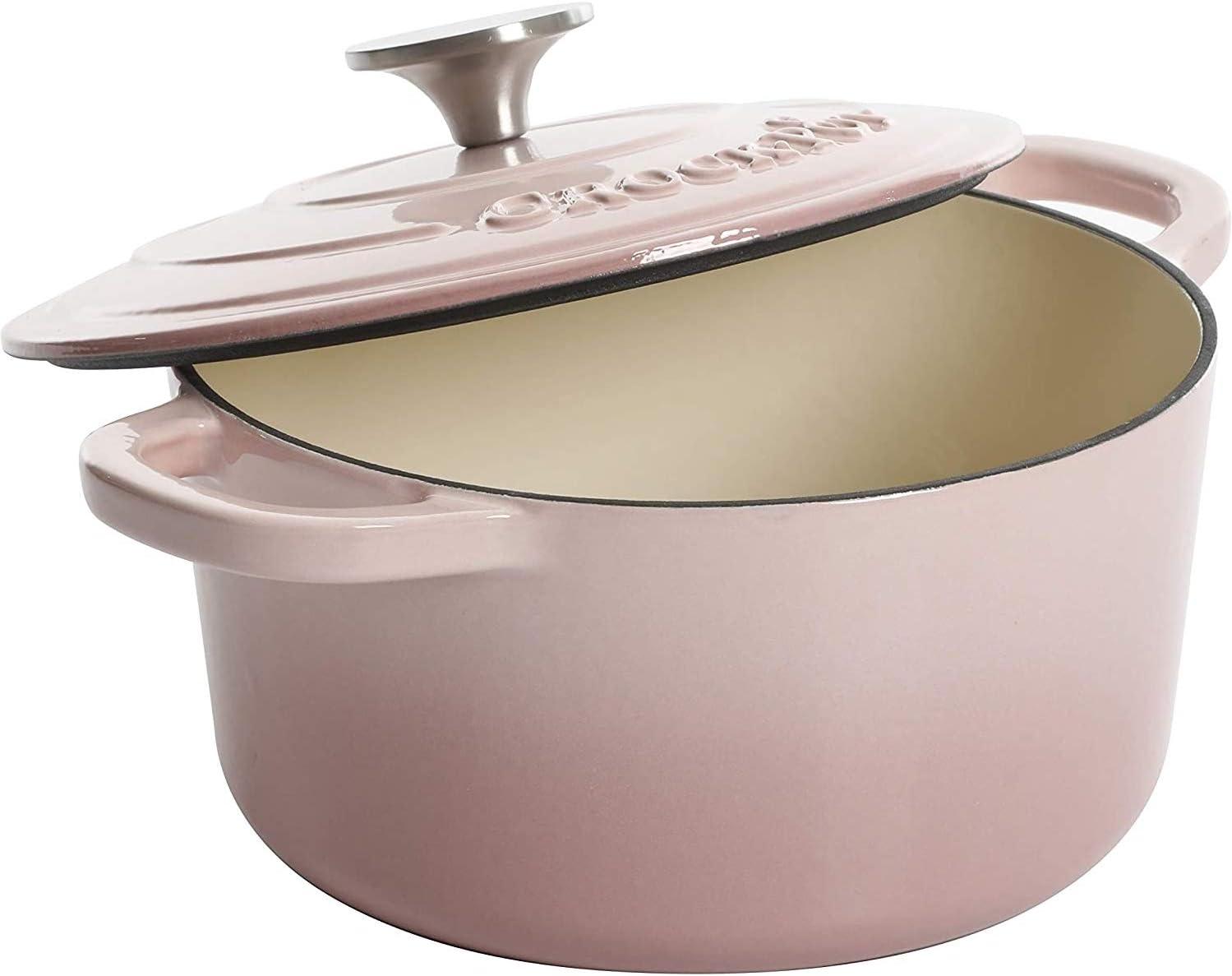 Crock-Pot 5 Quart Round Enamel Cast Iron Covered Dutch Oven Cooker, Blush Pink