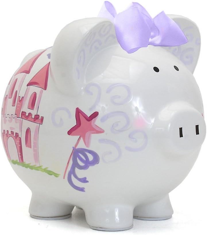 White Ceramic Fairy Castle Piggy Bank with Purple Bow