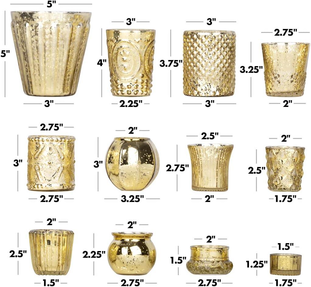 Koyal Wholesale Glass Gold Mismatched Votive Candle Holder Mega Set of 12 for Wedding & Home Decor