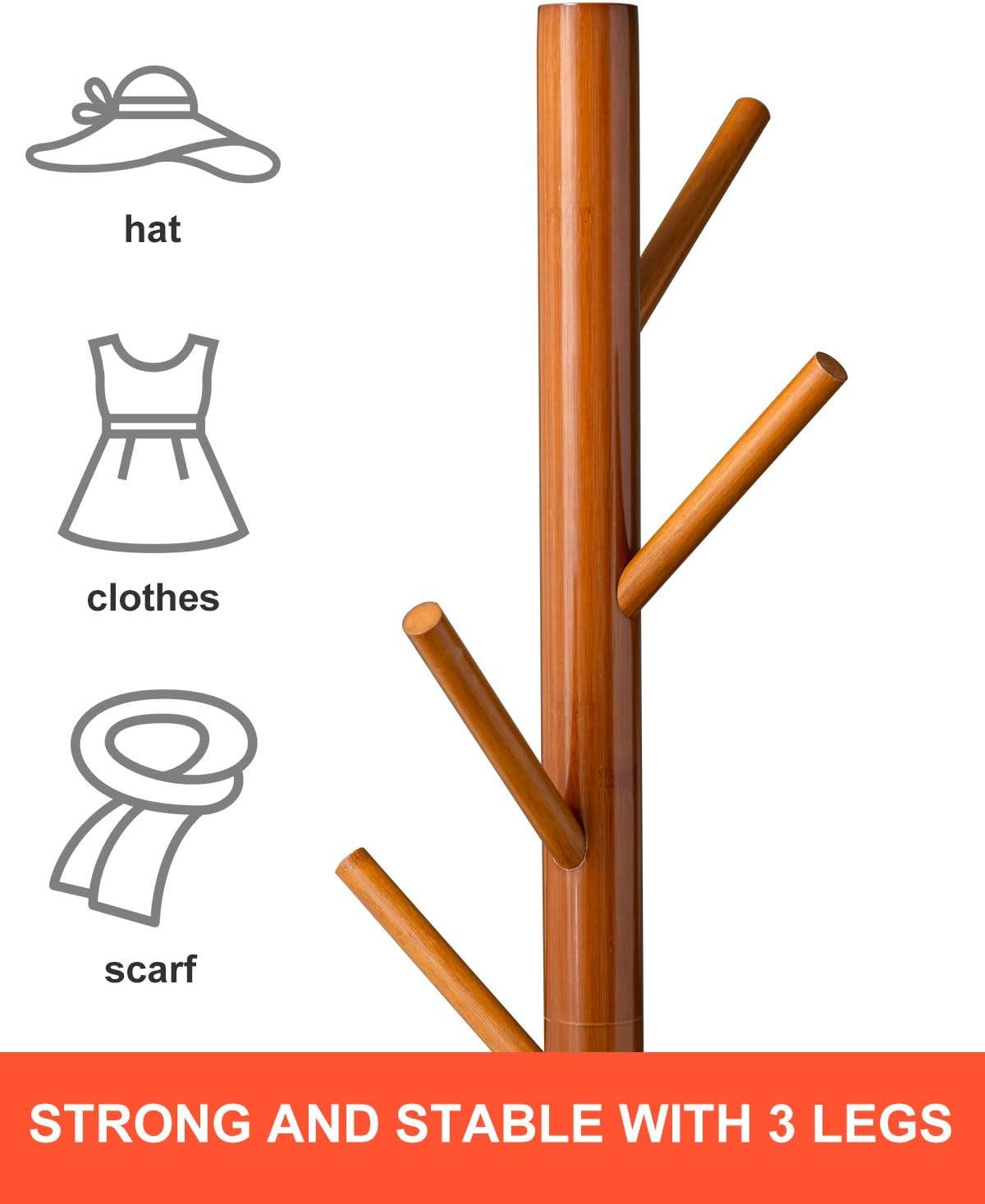 Coat Rack freestanding Stand Bamboo Wooden Coat Tree 8 Hooks 3 Adjustable Standing Jackets Hanger Hallway Corner Parlor(Brown)