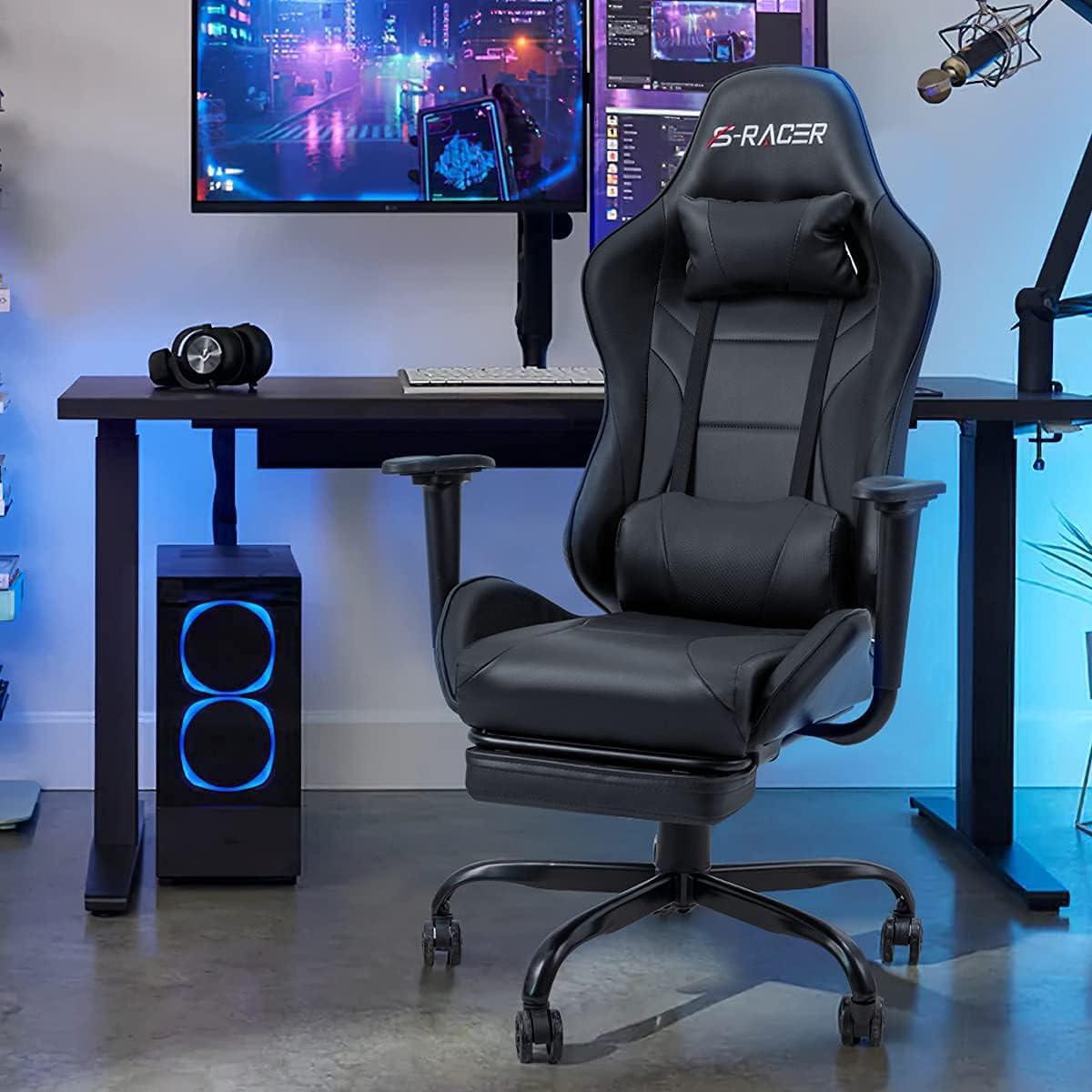 Killeryuki Gaming Chair Massage Computer Office Chair Ergonomic Desk Chair with Footrest Racing Executive Swivel Chair Adjustable Rolling Task Chair (Black)