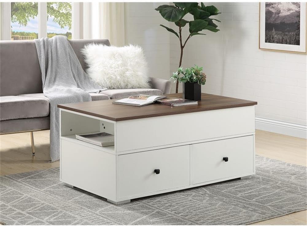 Aafje 49" Coffee Tables Oak/White Finish - Acme Furniture: Rectangular Living Room Table with Adjustable Shelves, Drawer