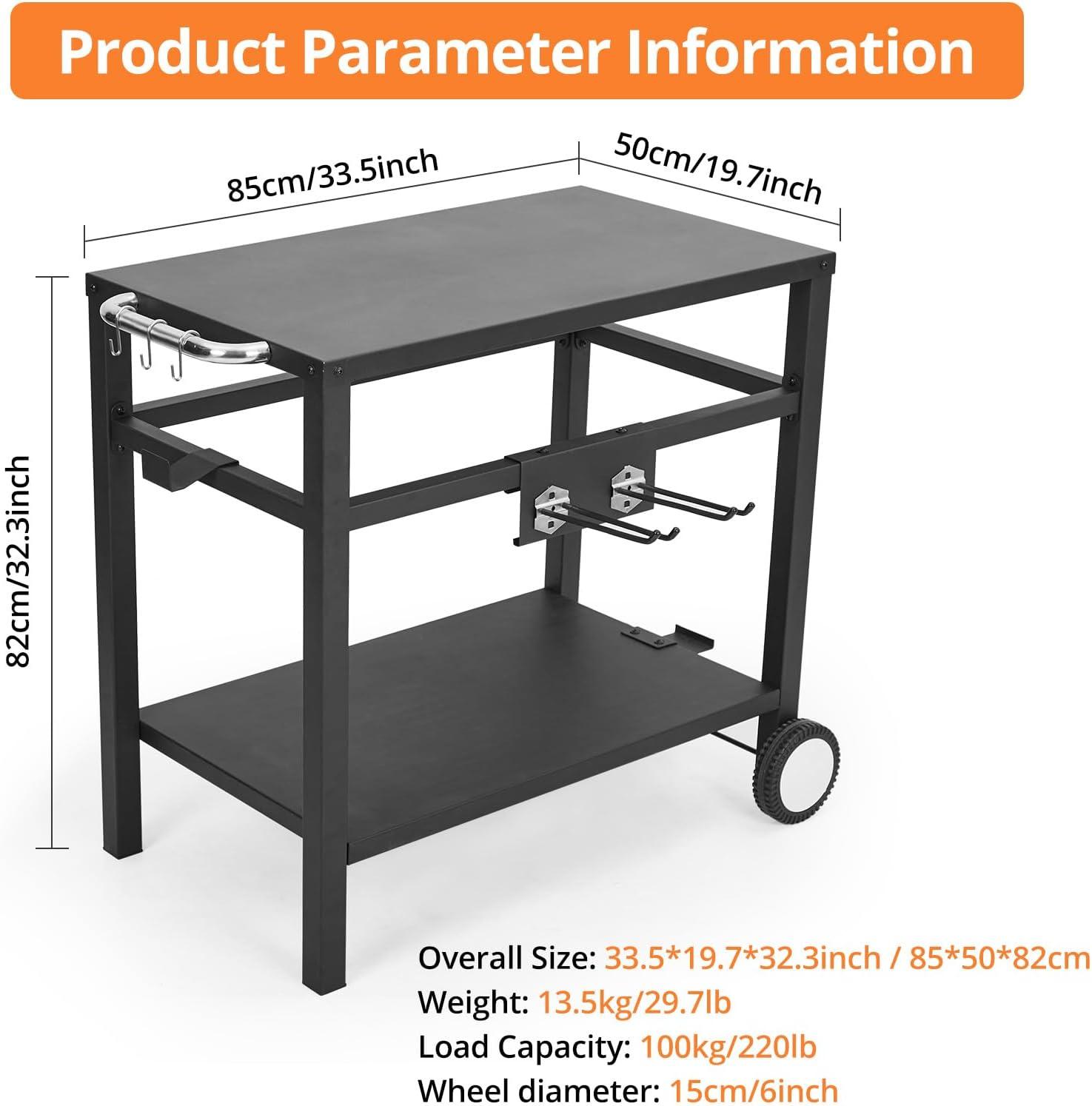 Silver and Black Steel Outdoor Grill Cart with Wheels and Hooks