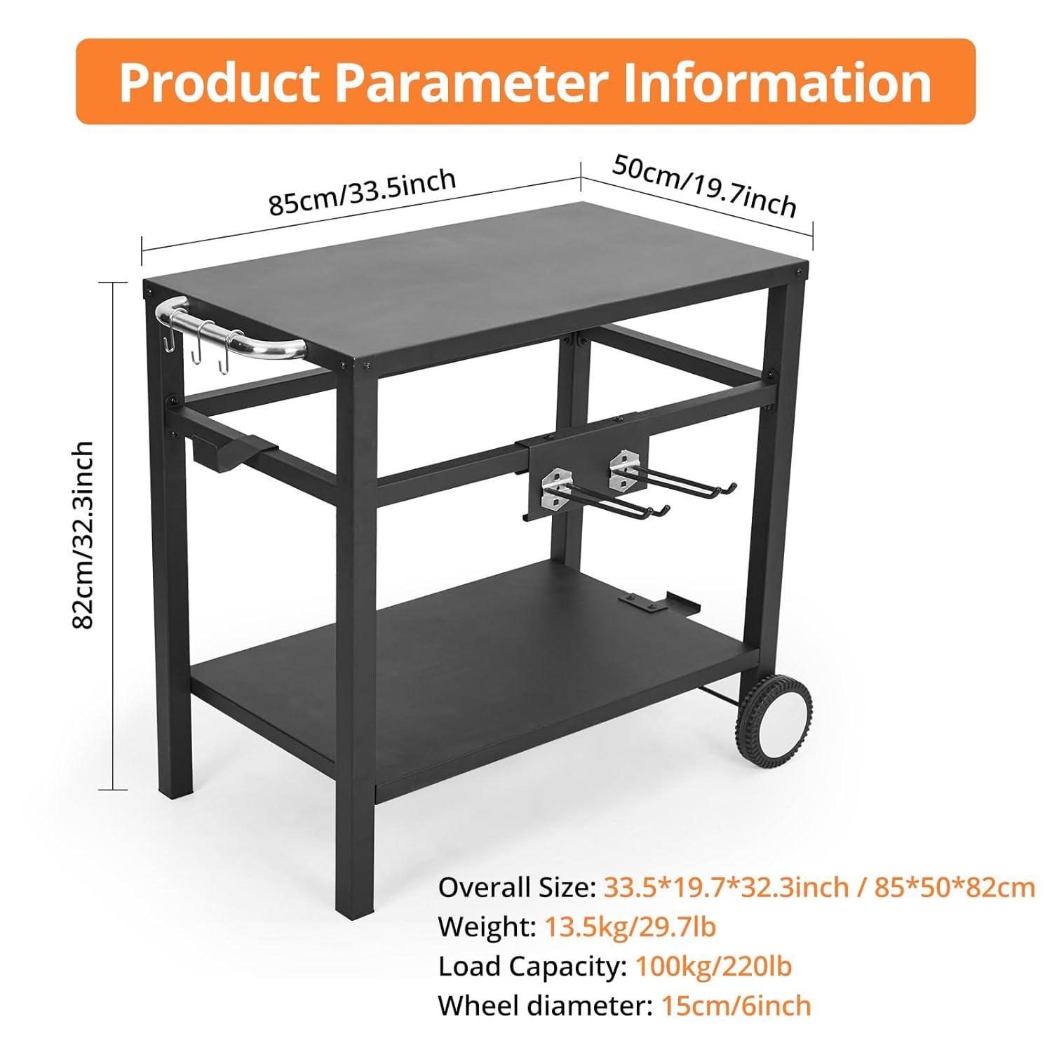 Outvita Outdoor Grill Cart, Movable Food Prep and Work Cart Table, Pizza Oven Stand Table with Wheels, Indoor & Outdoor Multifunctiona BBQ Cart with Mesh Racks for Home Party Camping