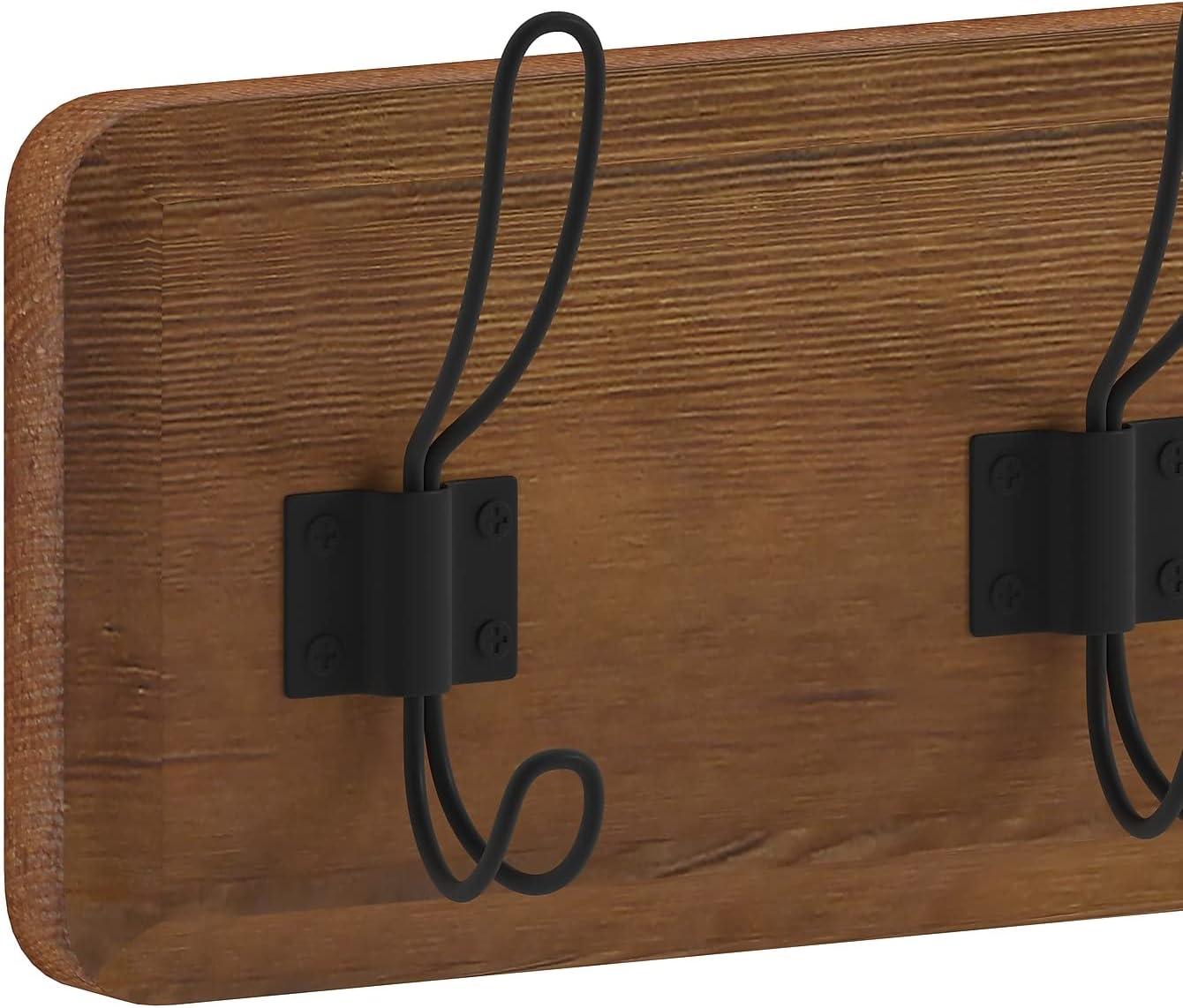 Classic Brown Solid Pine Wall Mounted Storage Rack with 5 Hooks