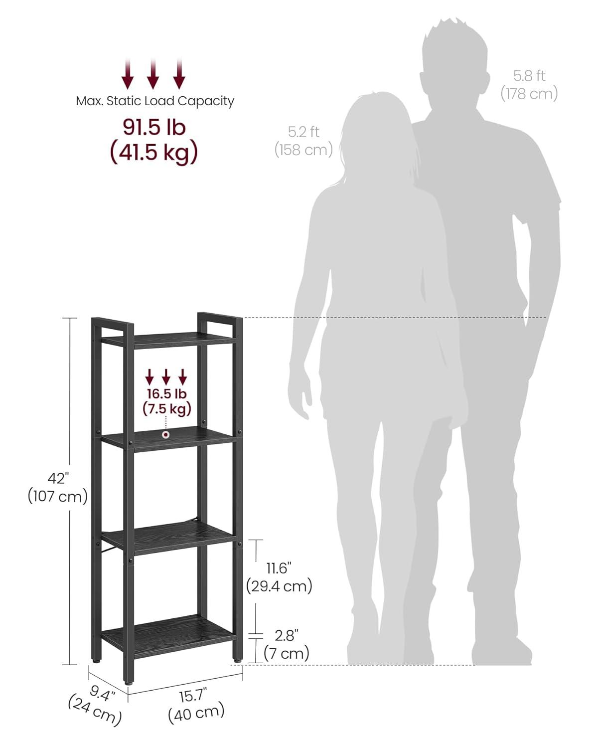 4-Tier Tall Bookshelf, Bookcase with Steel Frame, Book Shelf for Living Room, Home Office, Study, 9.4 x 15.7 x 42.1 Inches, Industrial Style, Ebony Black and Black ULLS099B56