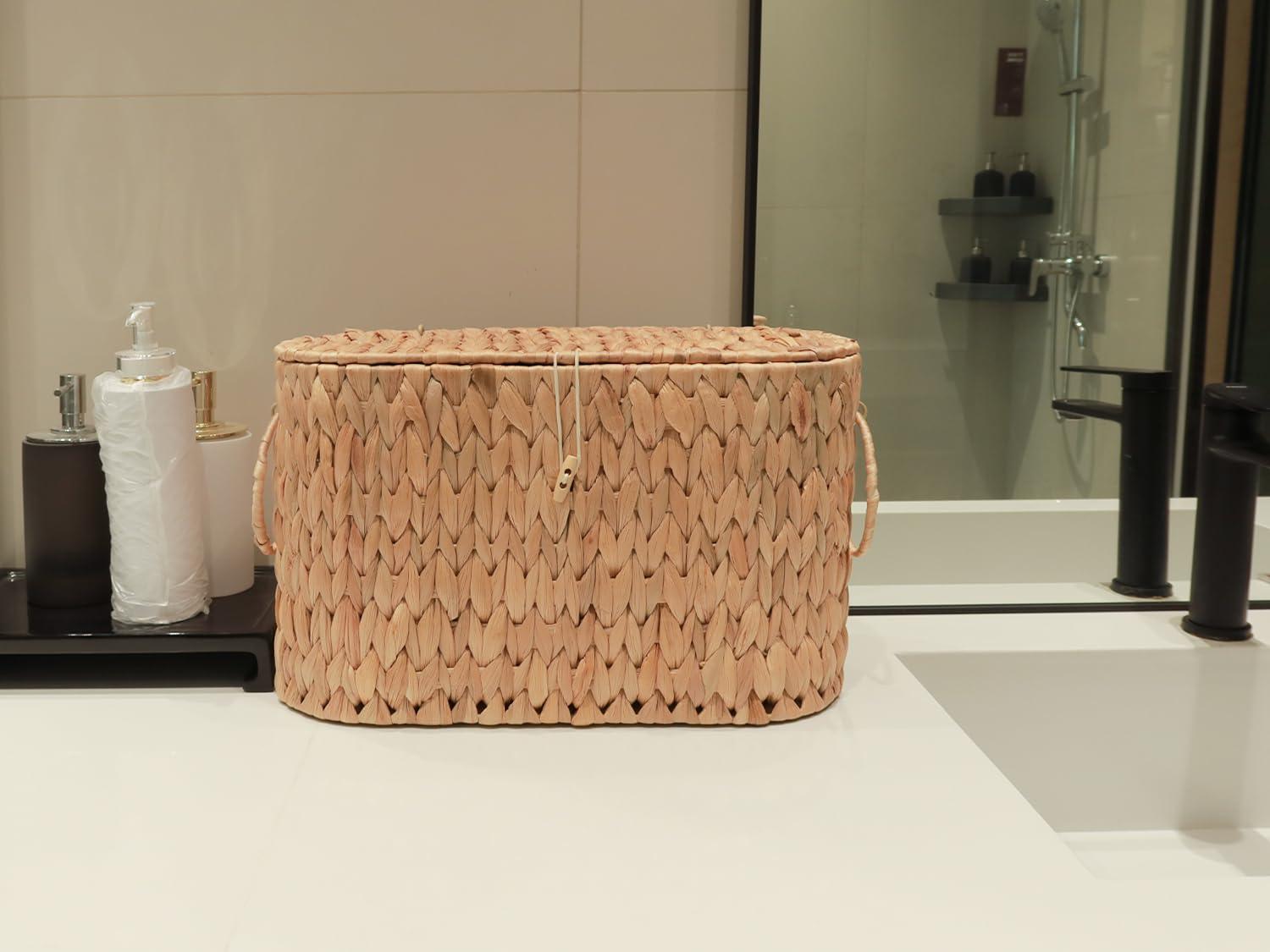 Toilet Paper Basket-Wicker Toilet Paper Storage with Lid,Decorative Farmhouse Boho Wicker Basket for Bathroom Storage and Organizer,Free Standing
