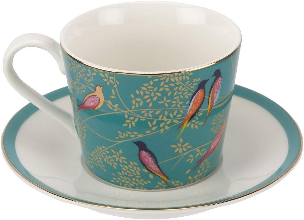 Green Ceramic Teacup and Saucer with Gold Detail