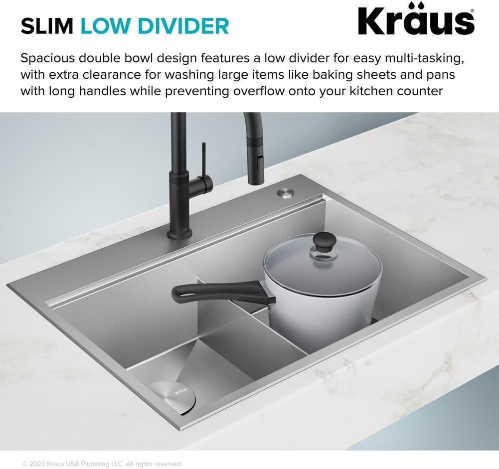 KRAUS Kore™ 30" L Drop-In Workstation 16 Gauge Stainless Steel Double Bowl Kitchen Sink with Accessories