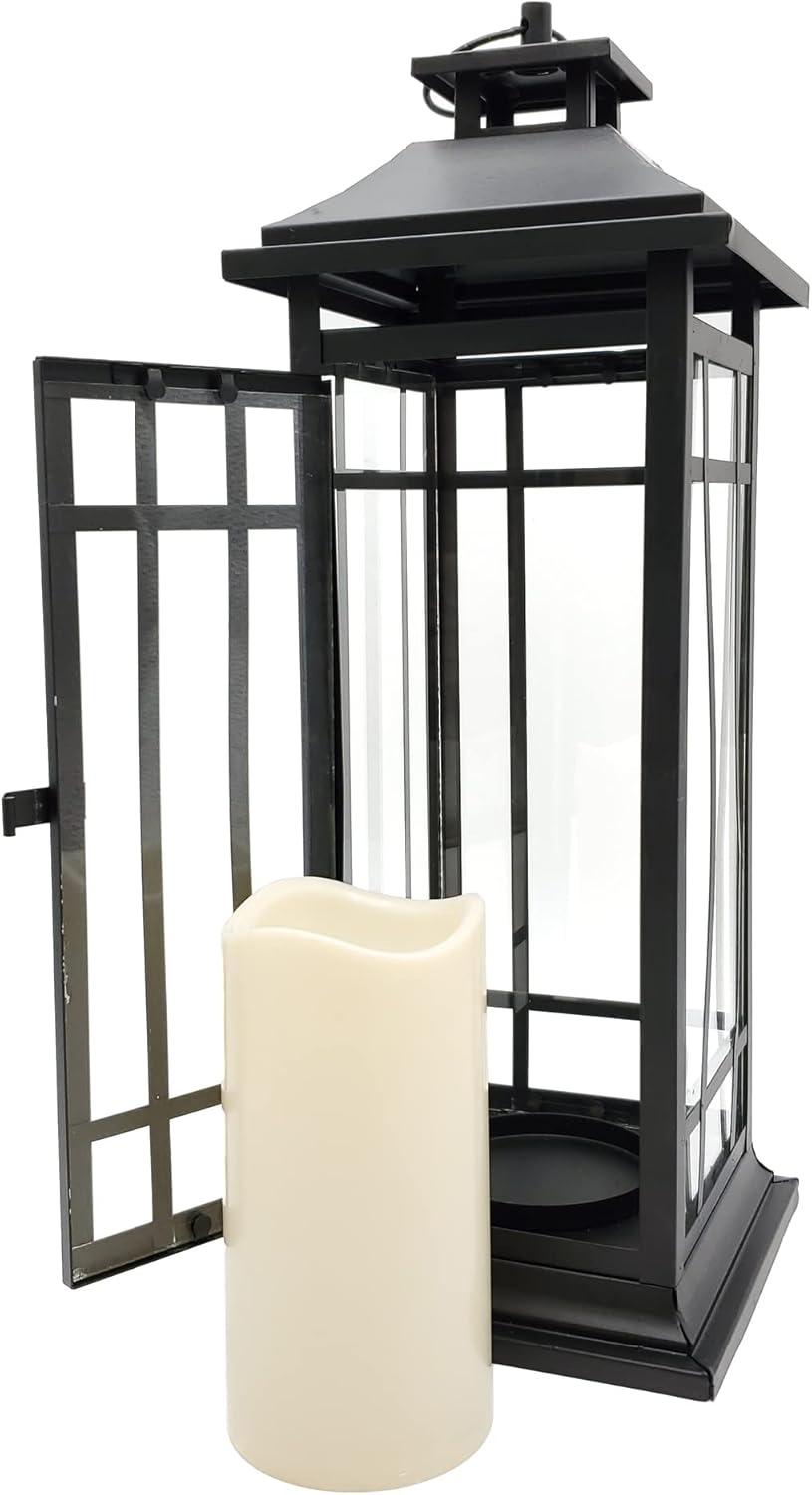 LumaBase Battery Operated Metal Lantern with LED Candle - Black Window (17 inches)