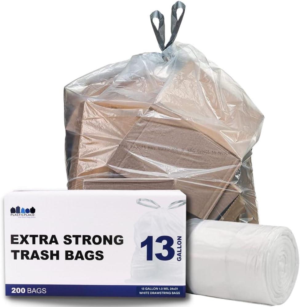 Plasticplace 13 Gallon Clear Extra Tall Drawstring Trash Bags