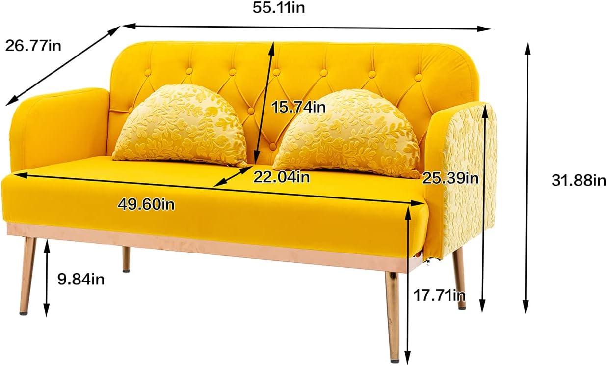 55" Velvet Sofa with 2 Pillows and Golden Metal Legs,Twin Size Loveseat Accent Couch with Button Tufted Backrest and Armrests, Living Room Sofa
