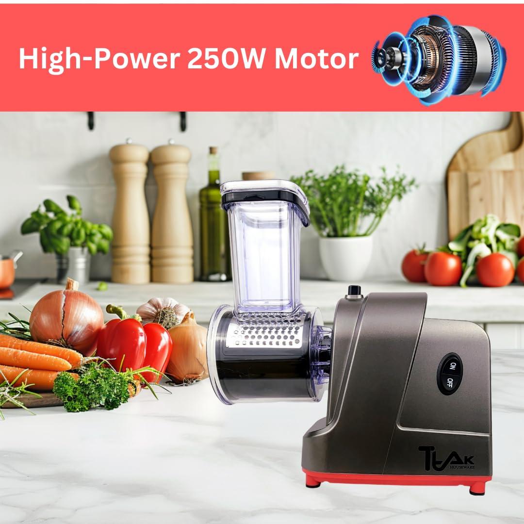 Ttak HOUSEWARE Electric Cheese Grater, 250W Professional Electric Slicer Shredder, One-Touch Control Electric Salad Machine Fruits, Vegetables, Cheeses, Salad Maker 5 Attachments Food Processor