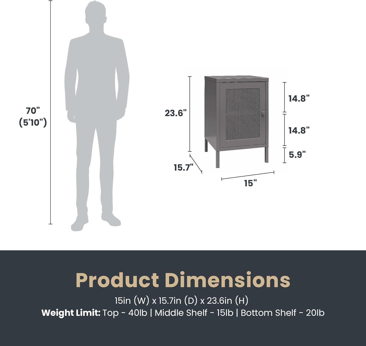 RealRooms Shadwick 1 Door Metal Locker Style End Table with Perforated Metal Mesh Door, Graphite Gray