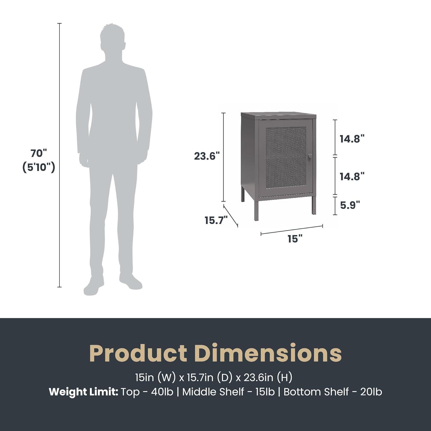 RealRooms Shadwick 1 Door Metal Locker Style End Table with Perforated Metal Mesh Door, Graphite Gray