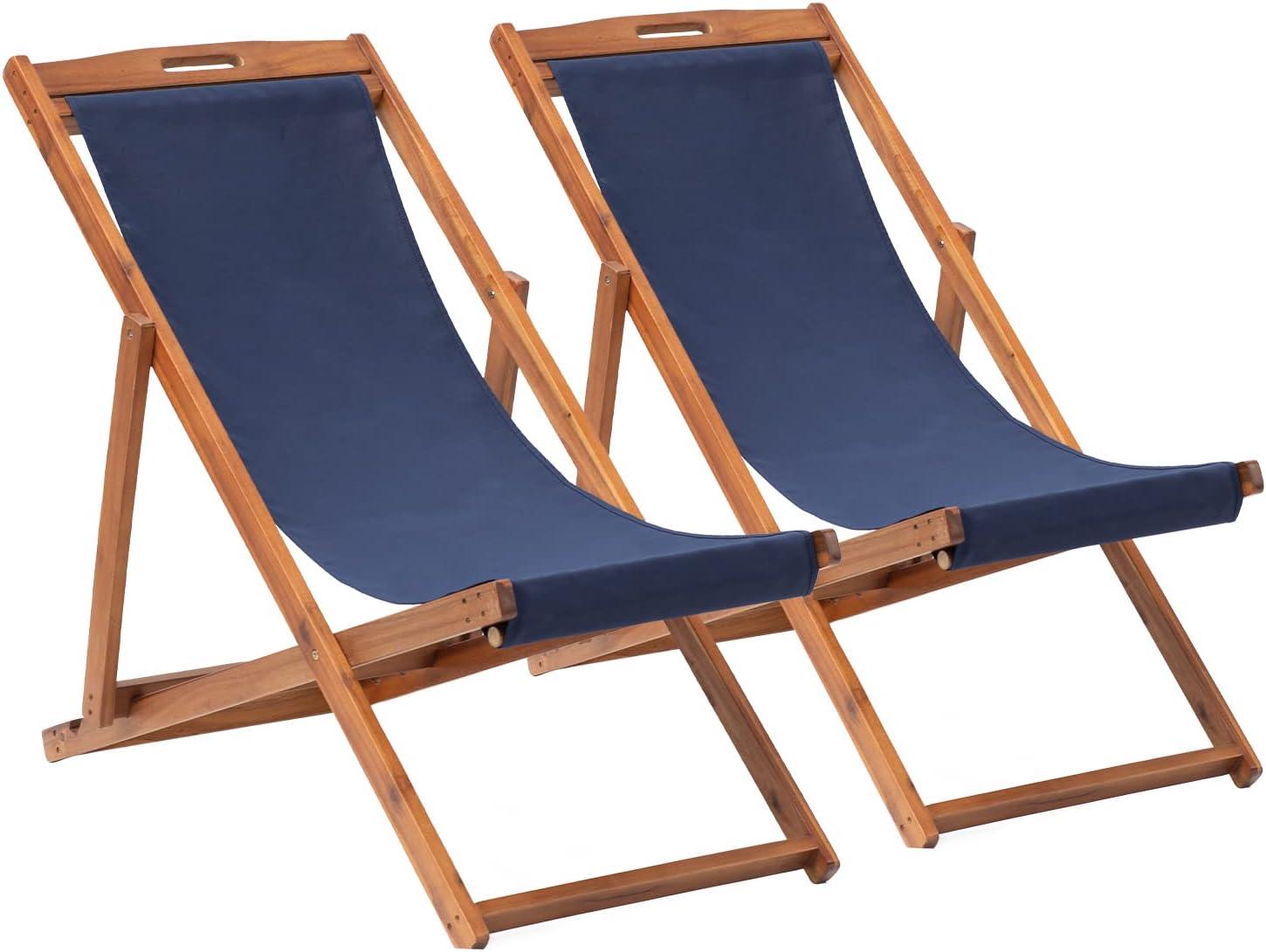 FDW Beach Sling Patio Chair for Relaxing, Foldable with Adjustable Height Made from Eucalyptus Wood with White Polyester,Khaki