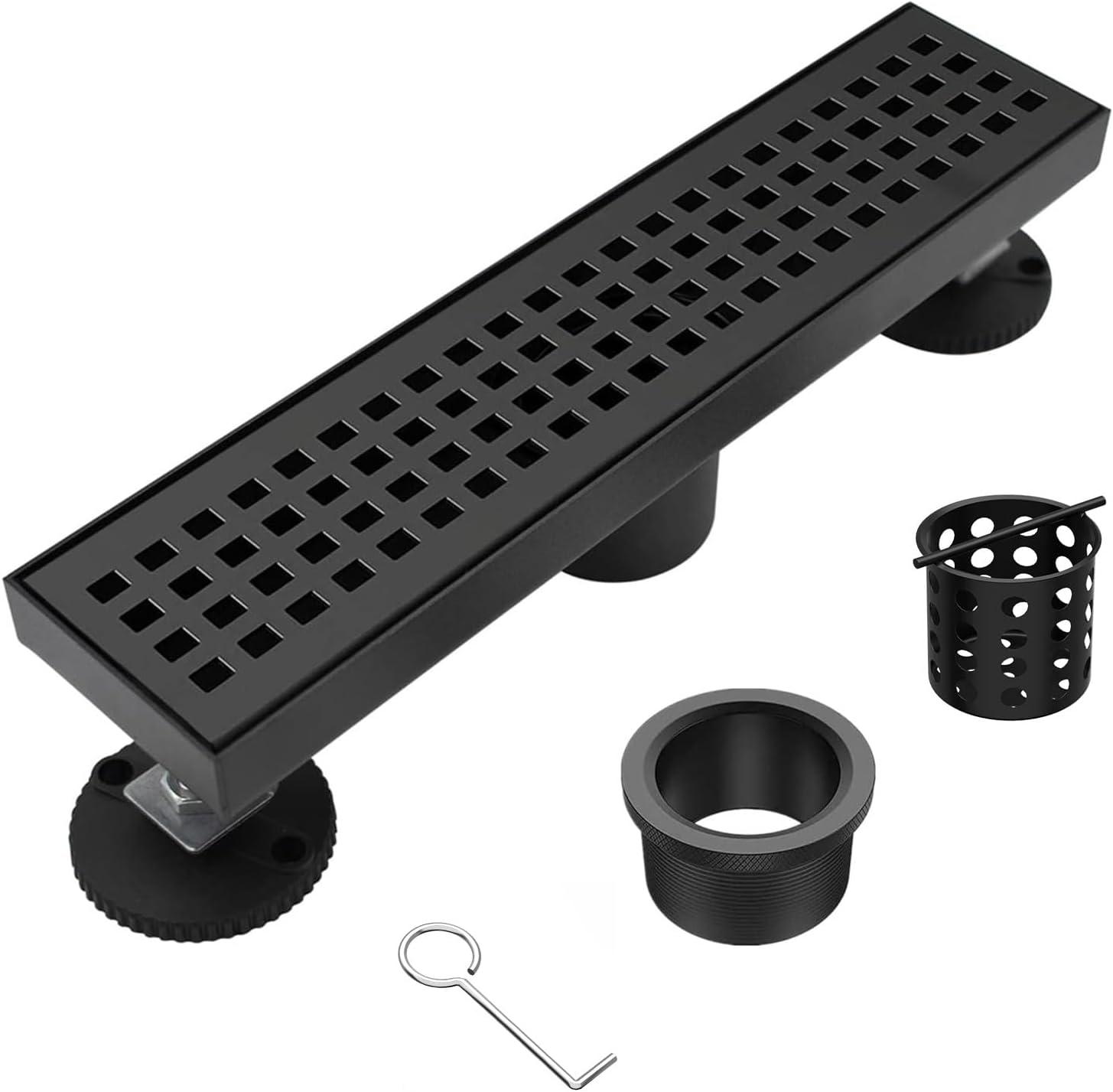 Black Shower Drain, Linear Shower Drain 12 Inch with Square Hole Panel, Matte Black Linear Drain with Hair Strainer and Leveling Feet