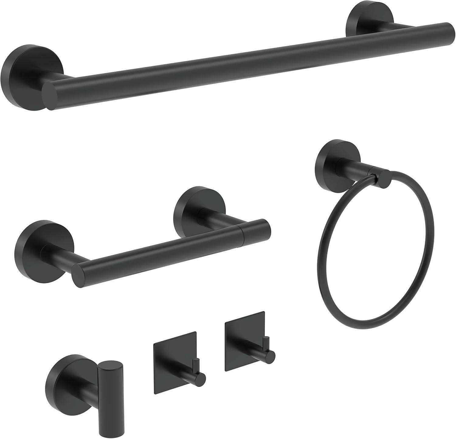 6 PCS Bathroom Hardware Set, Including 16" Hand Towel Bar, Toilet Paper Holder, Towel Ring, Robe Towel Hooks, Bathroom Accessories Kit(Matte Black)