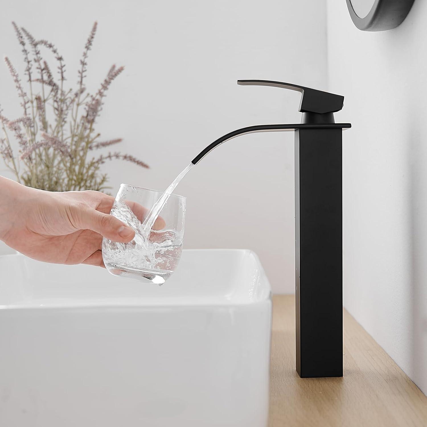 Waterfall Bathroom Faucet Single Handle，Bathroom Sink Faucet 1 Hole，Waterfall Faucet for Bathroom Sink，Vessel Sink Faucet Matte Black Tall Bathroom Faucet