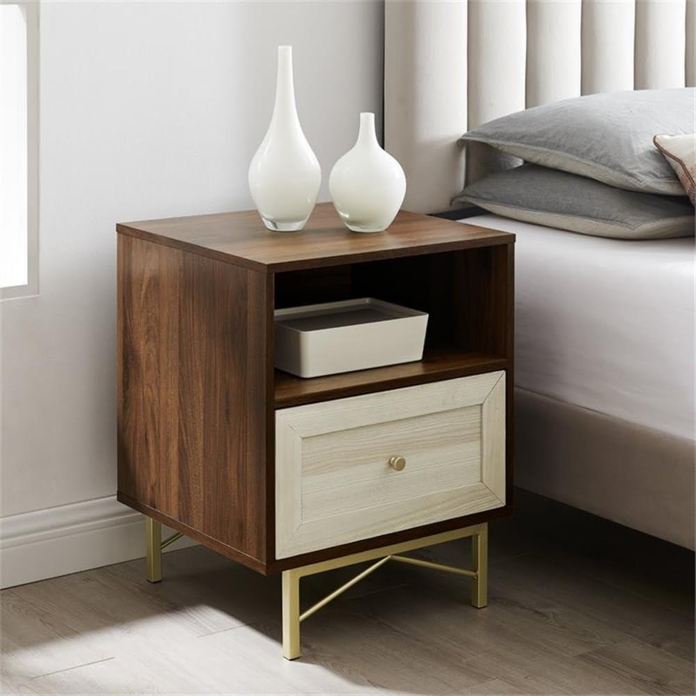 Gwen 20" 1-Drawer Modern Bedroom Nightstand in Dark Walnut/White Poplar