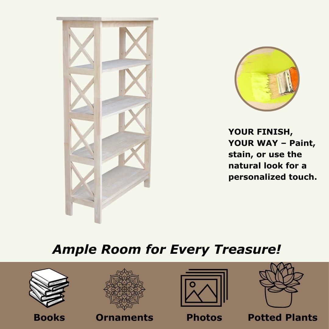 International Concepts 48" 4 Tier X-Sided Bookshelf: Hardwood Vertical Storage, Farmhouse Style, 30" Wide