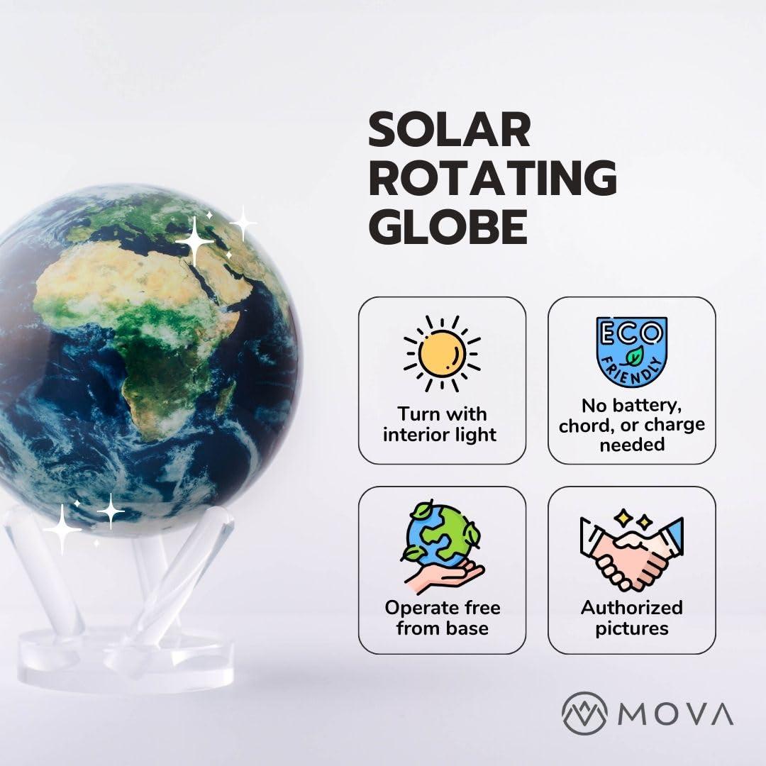 MOVA – Blue and Silver 4.5” Rotating Earth Sphere | Solar-Powered Desktop Decor for Offices, Study, or Gifting | No Batteries or Cords Needed