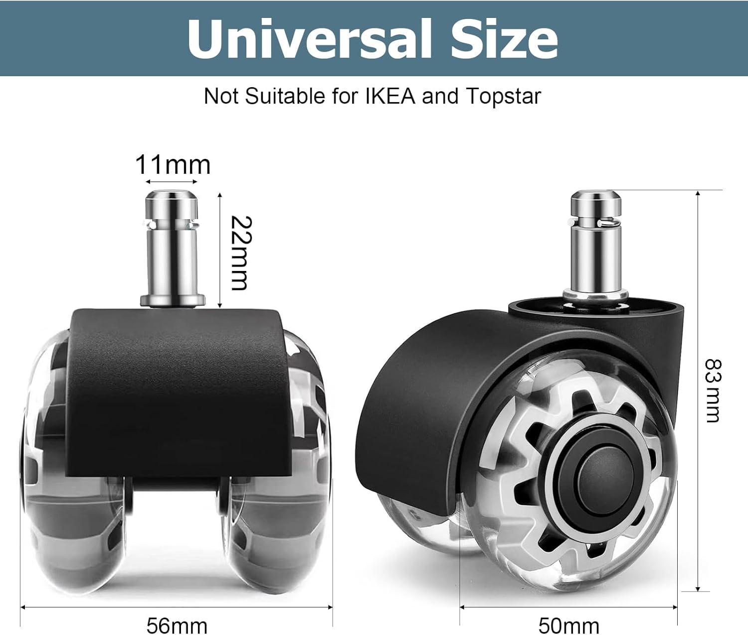 Office Chair Caster Wheels 2" Dual Wheels Set of 5 for Tile and Hardwood Floors, Universal Fit for Most Chairs (Transparent)