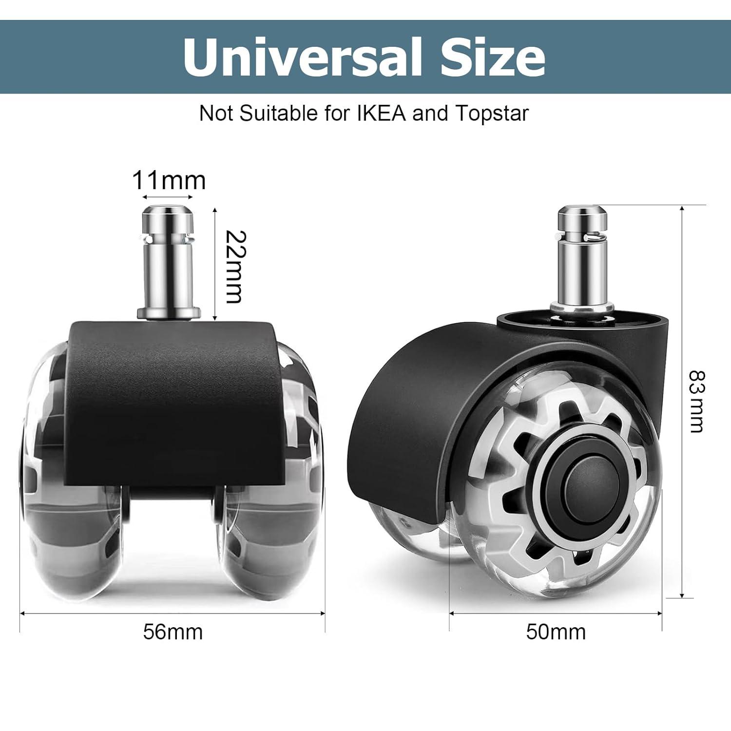 Office Chair Caster Wheels 2" Dual Wheels Set of 5 for Tile and Hardwood Floors, Universal Fit for Most Chairs (Transparent)