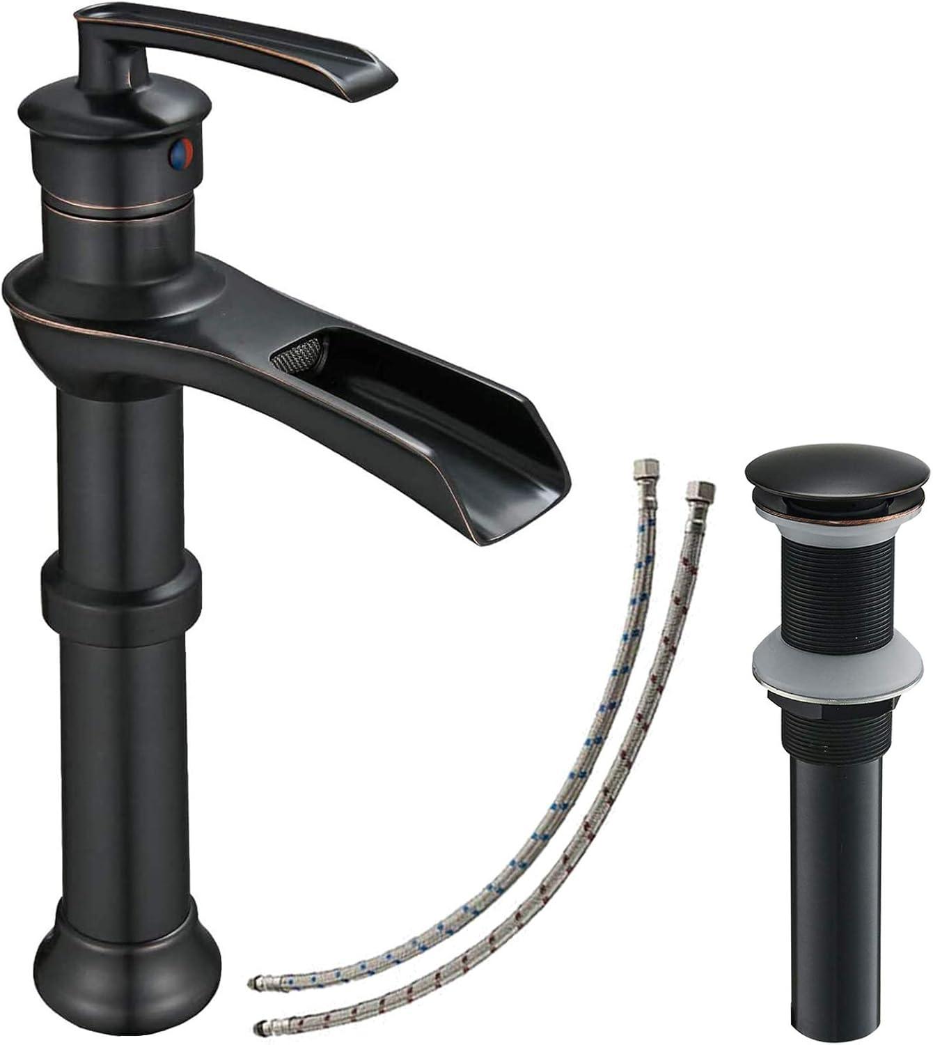 Vessel Sink Faucet Oil Rubbed Bronze Bathroom Faucet Waterfall Farmhouse Single Hole Single Handle for Sink Lavatory Faucets with Pop Up Drain Without Overflow Supply Line