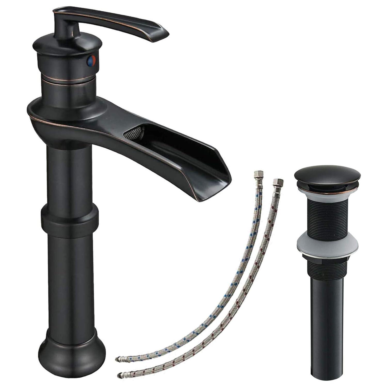 Vessel Sink Faucet Oil Rubbed Bronze Bathroom Faucet Waterfall Farmhouse Single Hole Single Handle for Sink Lavatory Faucets with Pop Up Drain Without Overflow Supply Line