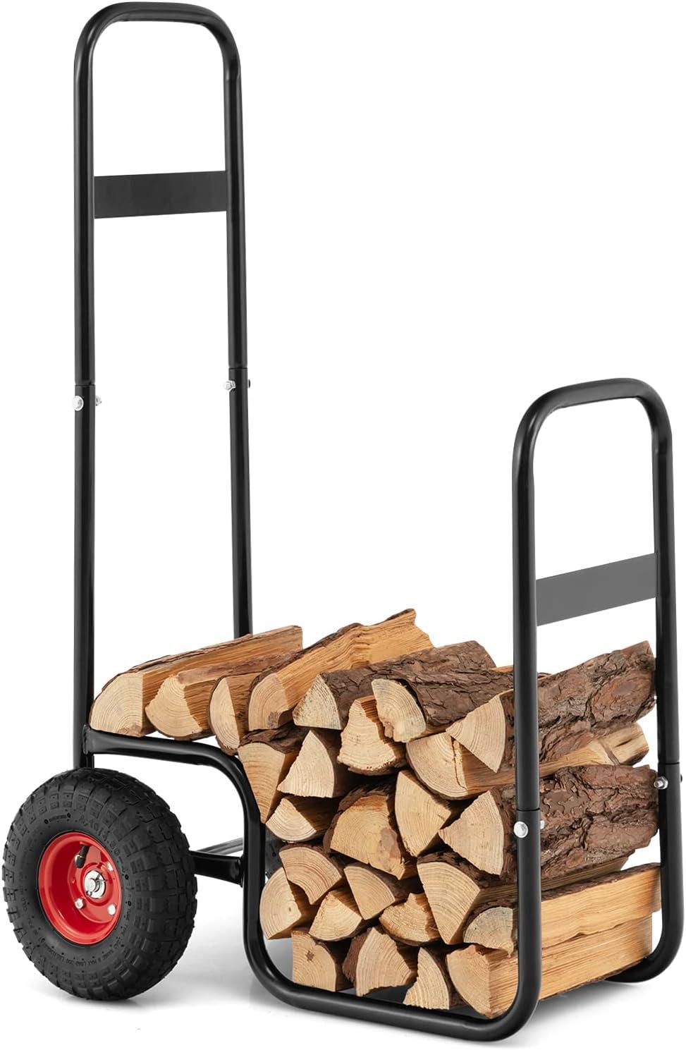 Tangkula Firewood Log Cart Carrier Firewood Cart Wood Hauler with Wear-Resistant and Shockproof Rubber Wheels