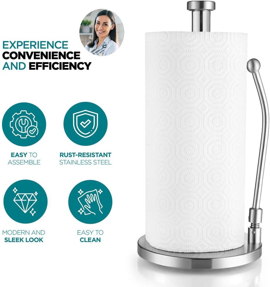 Washranp Paper Towel Holderwith Spray Bottle,Stainless Steel Easy to Tear Paper Towel Dispenser Weighted Base Adjustable Spring Arm to Hold Any Type of Paper Towels