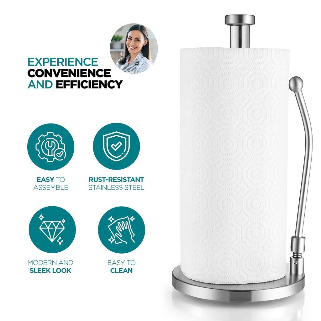 Washranp Paper Towel Holderwith Spray Bottle,Stainless Steel Easy to Tear Paper Towel Dispenser Weighted Base Adjustable Spring Arm to Hold Any Type of Paper Towels