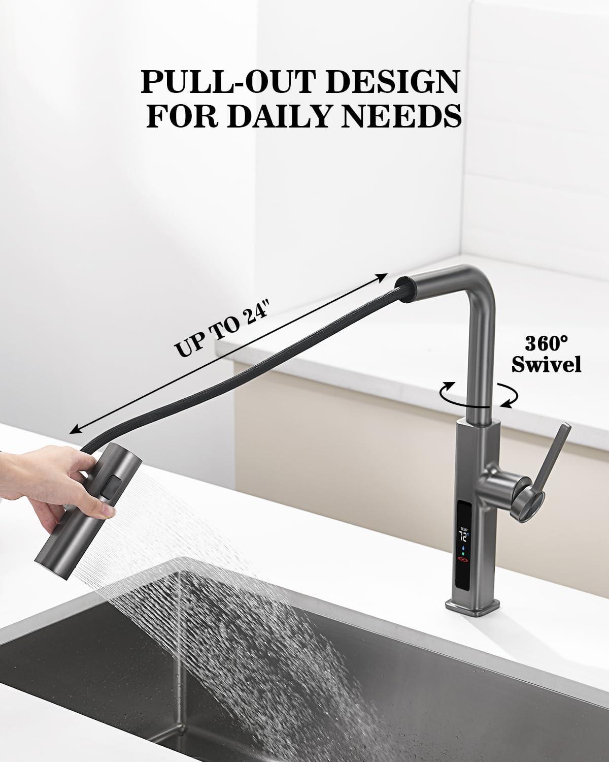 Lefton Pull-Out Waterfall Kitchen Faucet with Temperature Display, Two Water Outlet Modes, Single Hole, Grey, KF2209-2