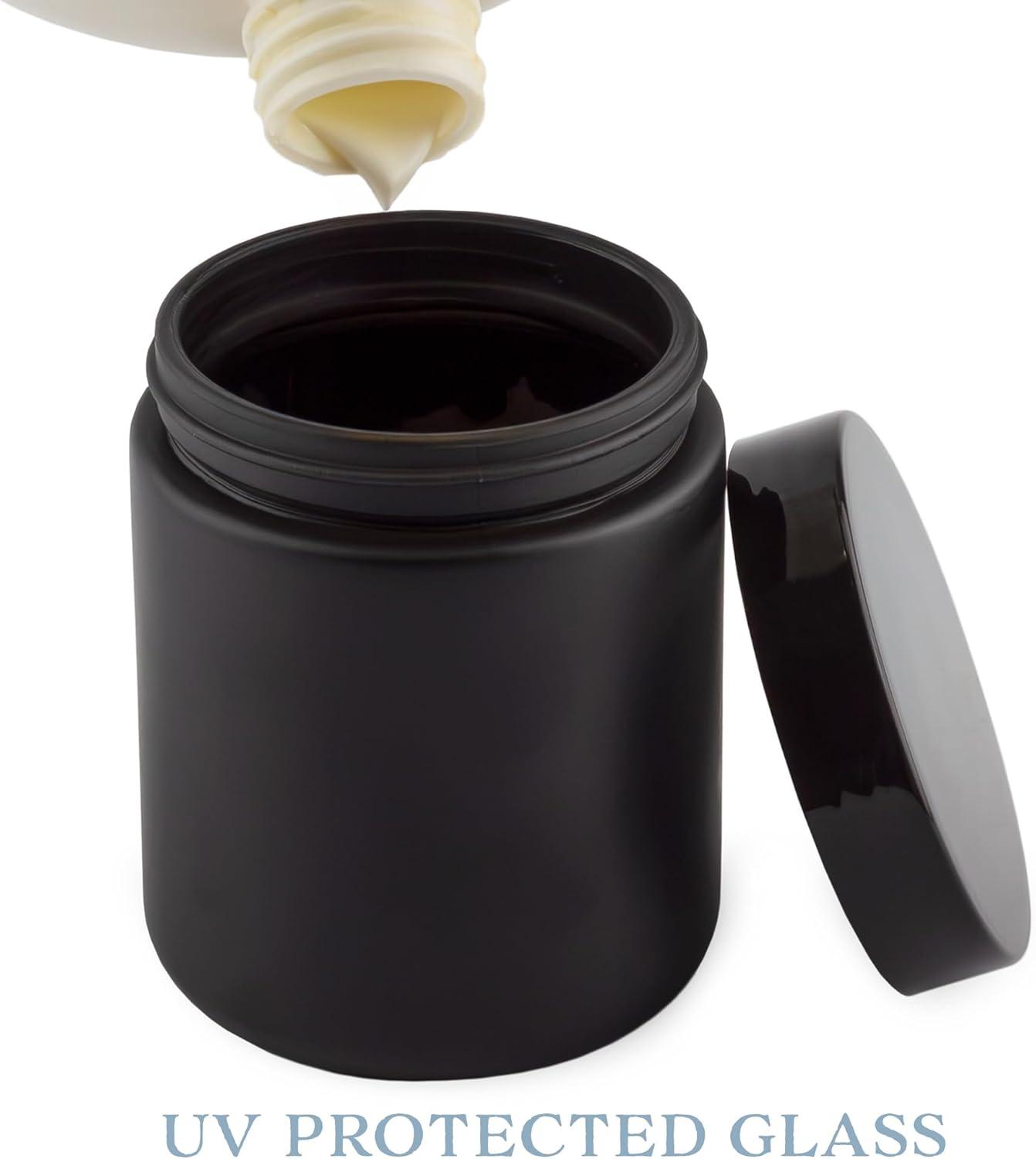 Cornucopia Brands 8oz /9oz Black Matte Coated Glass Cosmetic Jars (6pk) w/ Black Plastic Lids; Straight Sided for Body Butter, Creams, Scrubs