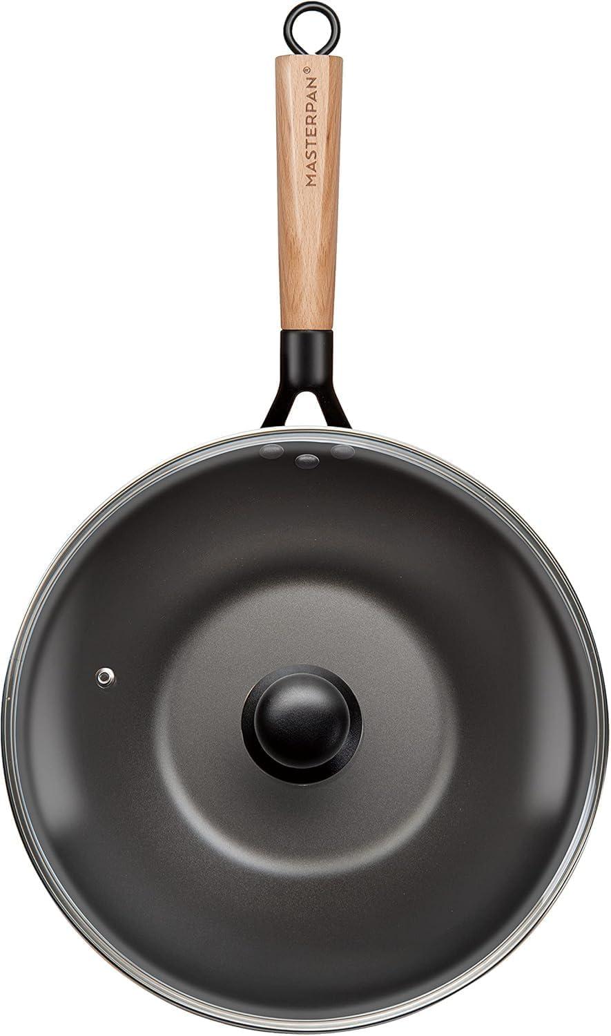 MasterPan Inc. Masterpan Carbon Steel Wok With Glass Lid Wooden Utensils Non-Stick Flat Bottom Asian Stir-Fry
