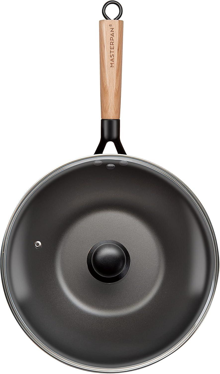 MasterPan Inc. Masterpan Carbon Steel Wok With Glass Lid Wooden Utensils Non-Stick Flat Bottom Asian Stir-Fry