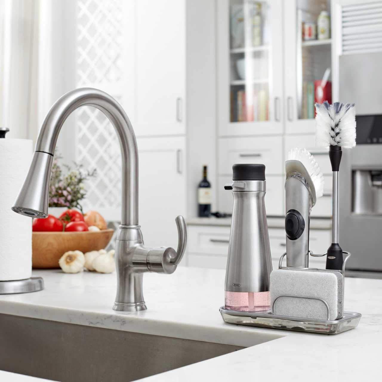 Stainless Steel and Black Soap Dispensing Dish Brush