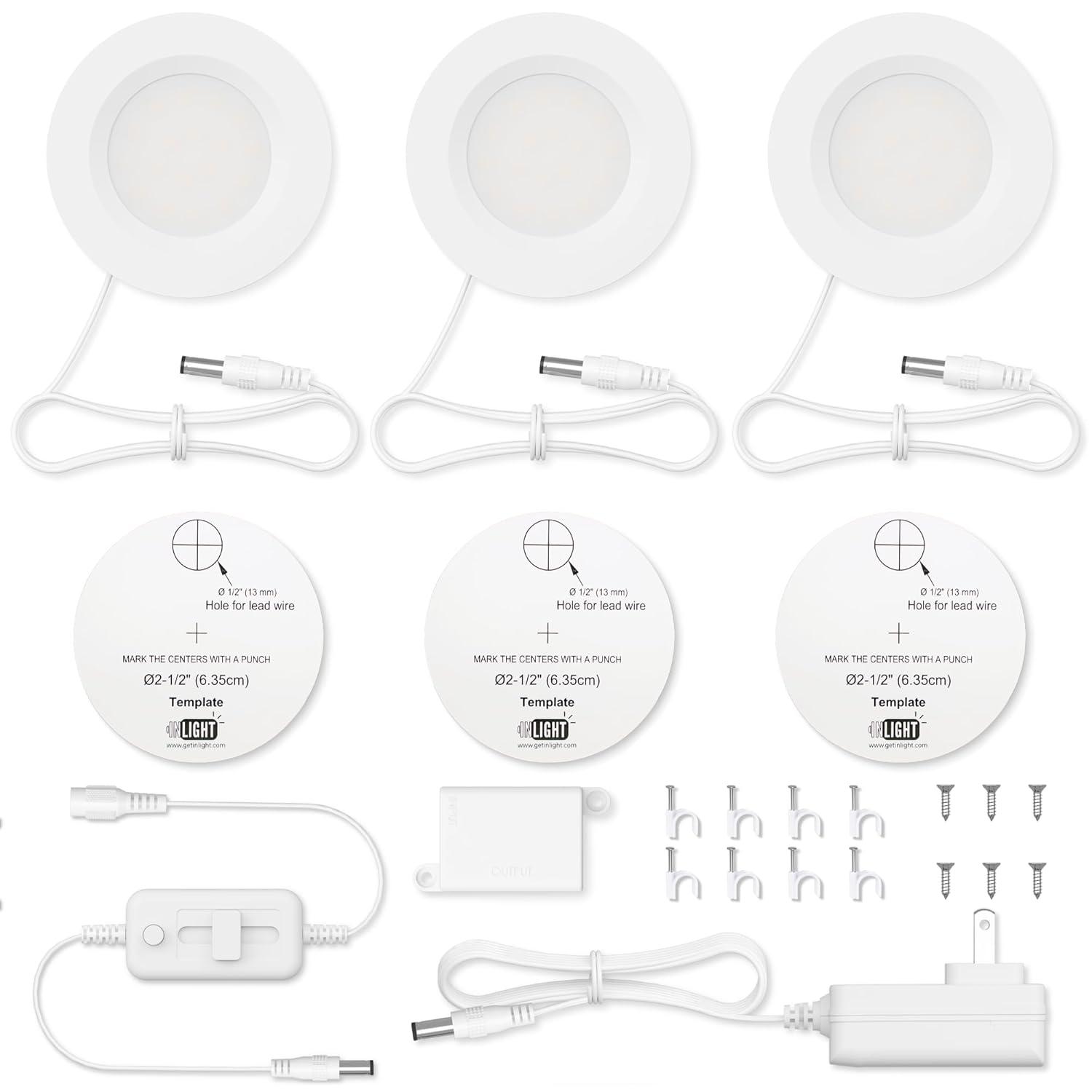 GETINLIGHT 2.75" Wide 3000K Dimmable LED Puck Lights Kit, Plug-in Installation with recessed or Surface Mounted, White Finished, Set of 3, IN-0102-3-WH